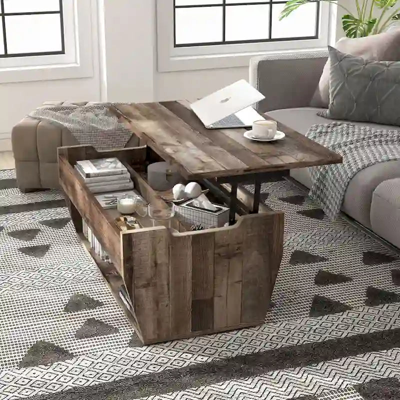 Table basse relevable rustique avec rangement – Chêne recyclé, style ferme, 104 cm