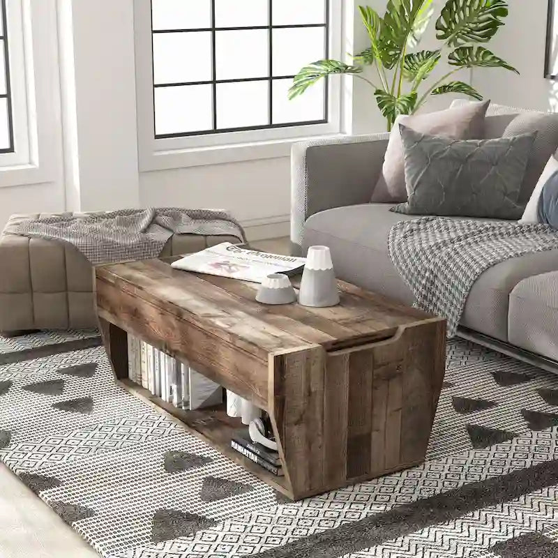 Table basse relevable rustique avec rangement – Chêne recyclé, style ferme, 104 cm
