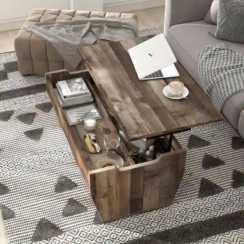 Table basse relevable rustique avec rangement – Chêne recyclé, style ferme, 104 cm