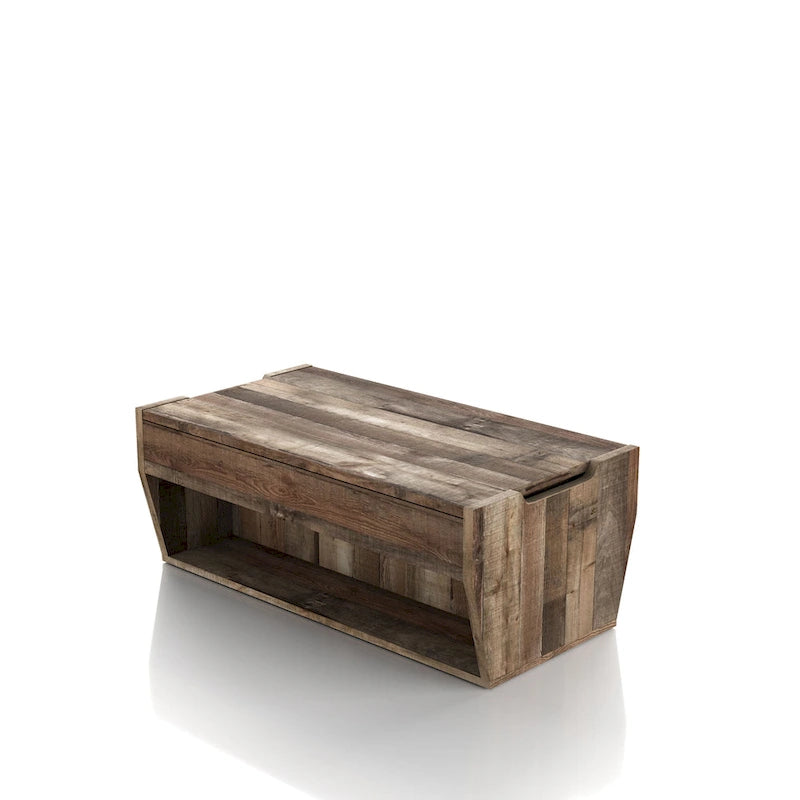Table basse relevable rustique avec rangement – Chêne recyclé, style ferme, 104 cm