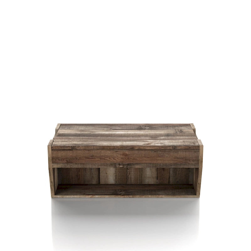 Table basse relevable rustique avec rangement – Chêne recyclé, style ferme, 104 cm