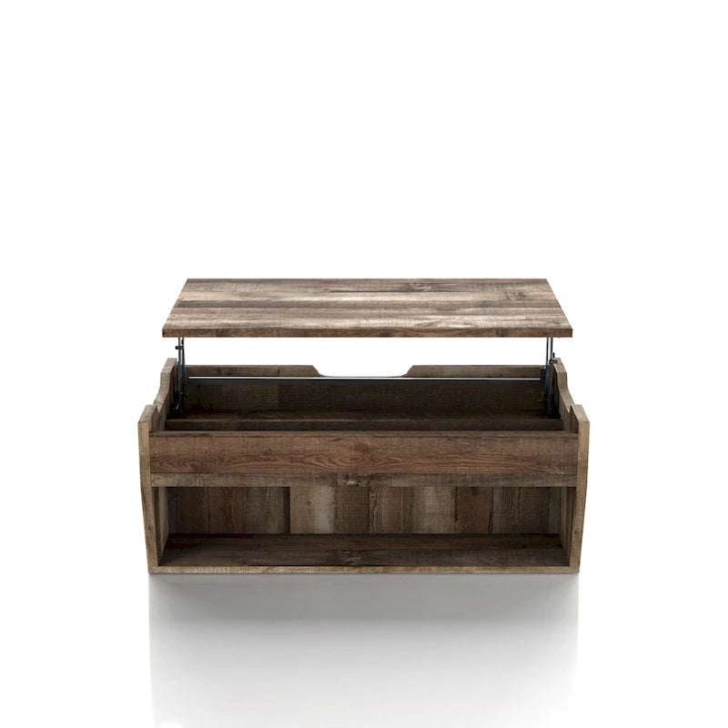Table basse relevable rustique avec rangement – Chêne recyclé, style ferme, 104 cm