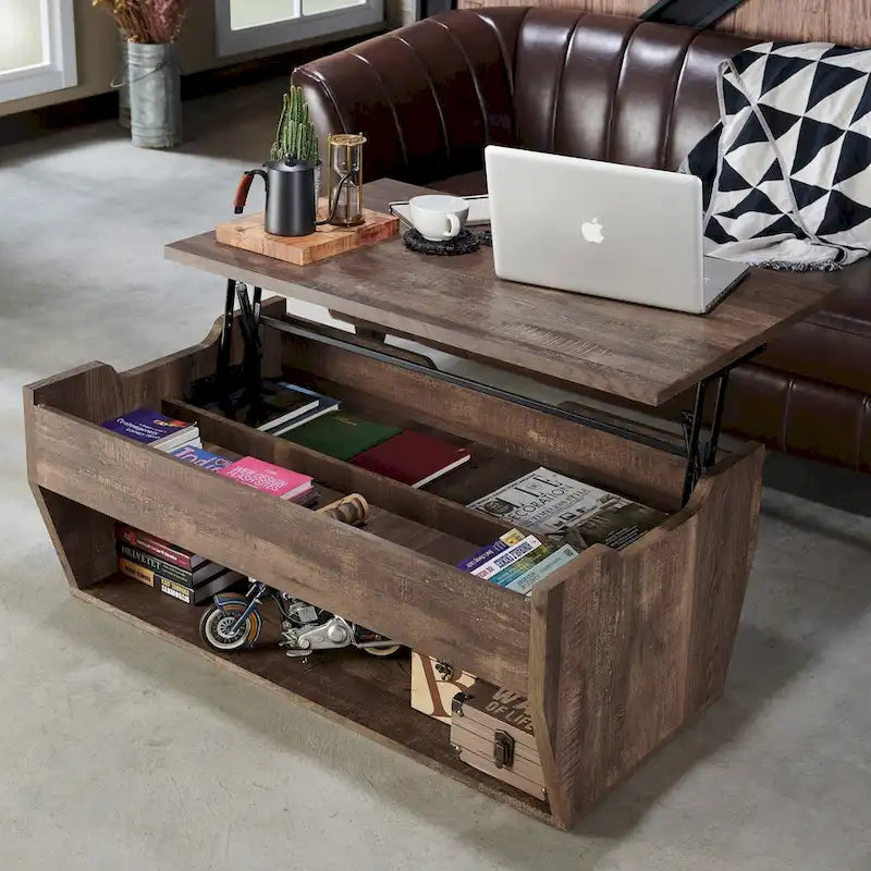 Table basse relevable rustique avec rangement – Chêne recyclé, style ferme, 104 cm