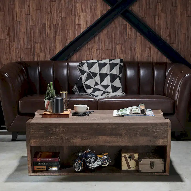 Table basse relevable rustique avec rangement – Chêne recyclé, style ferme, 104 cm
