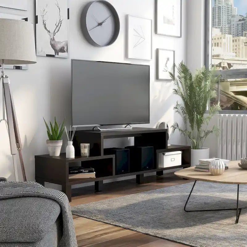Meuble TV moderne à 3 étagères Espresso – Convient aux téléviseurs jusqu'à 60", Dos ouvert, Pieds surélevés