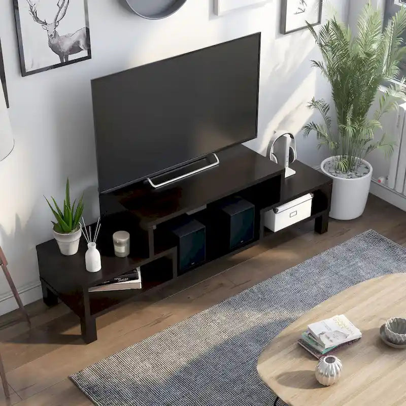 Meuble TV moderne à 3 étagères Espresso – Convient aux téléviseurs jusqu'à 60", Dos ouvert, Pieds surélevés