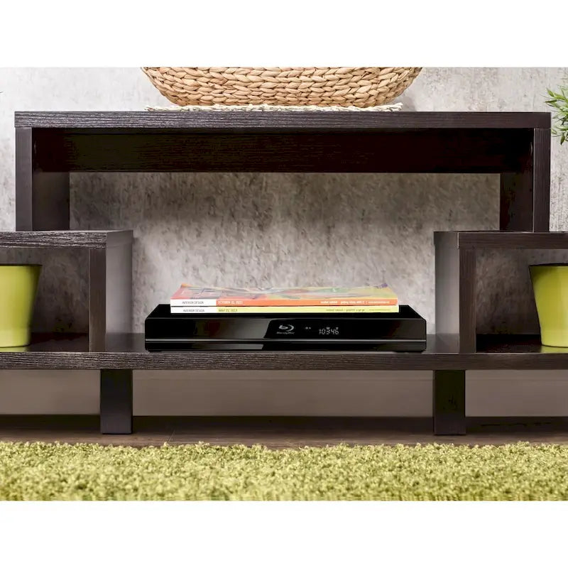 Meuble TV moderne à 3 étagères Espresso – Convient aux téléviseurs jusqu'à 60", Dos ouvert, Pieds surélevés