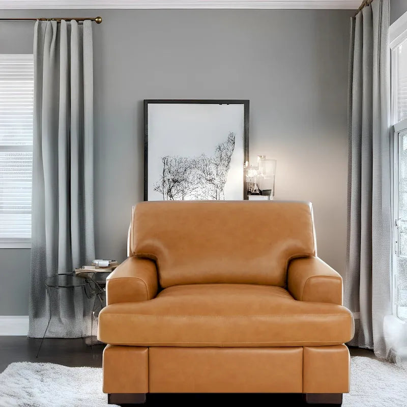 Fauteuil d'appoint en cuir véritable – Coussin en plumes d'oie, accoudoirs carrés, pieds blocs, capacité de 181 kg