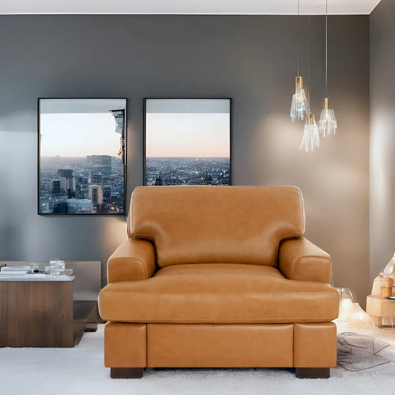 Fauteuil d'appoint en cuir véritable – Coussin en plumes d'oie, accoudoirs carrés, pieds blocs, capacité de 181 kg