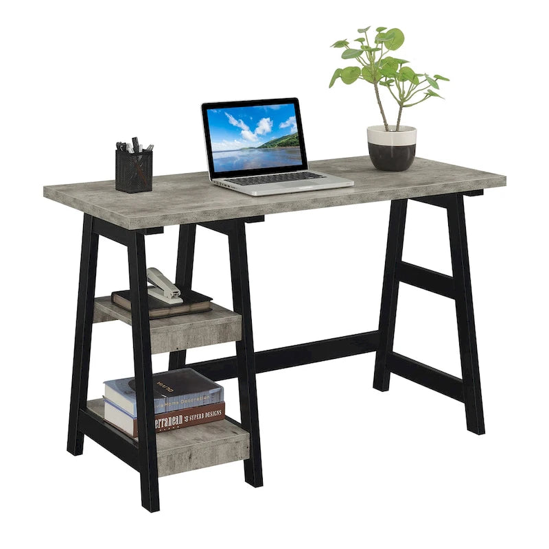 Bureau tréteaux avec 2 étagères ouvertes – Bureau d'ordinateur moderne pour la maison et les étudiants