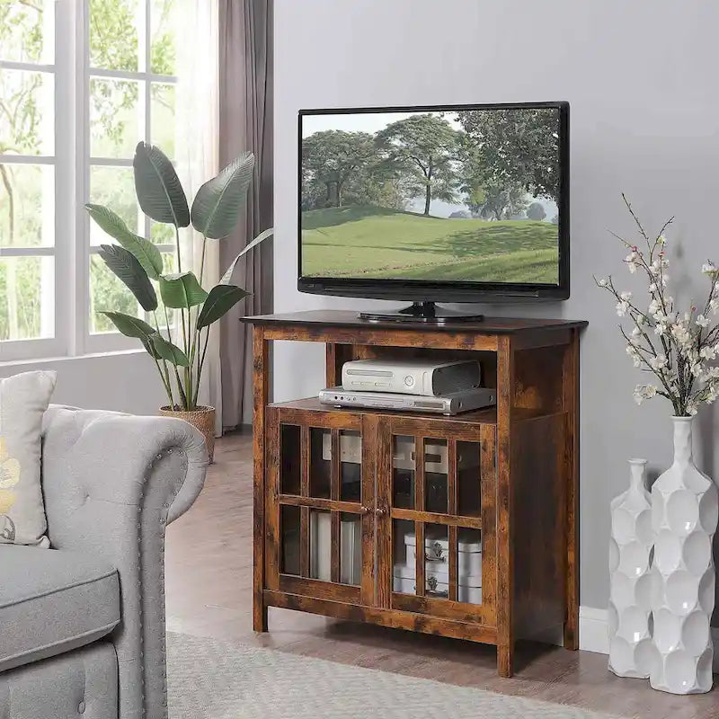 Meuble TV haut de 40 po avec armoires de rangement et portes en verre trempé