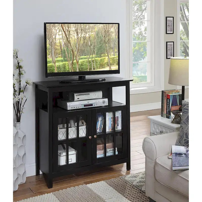 Meuble TV haut de 40 po avec armoires de rangement et portes en verre trempé