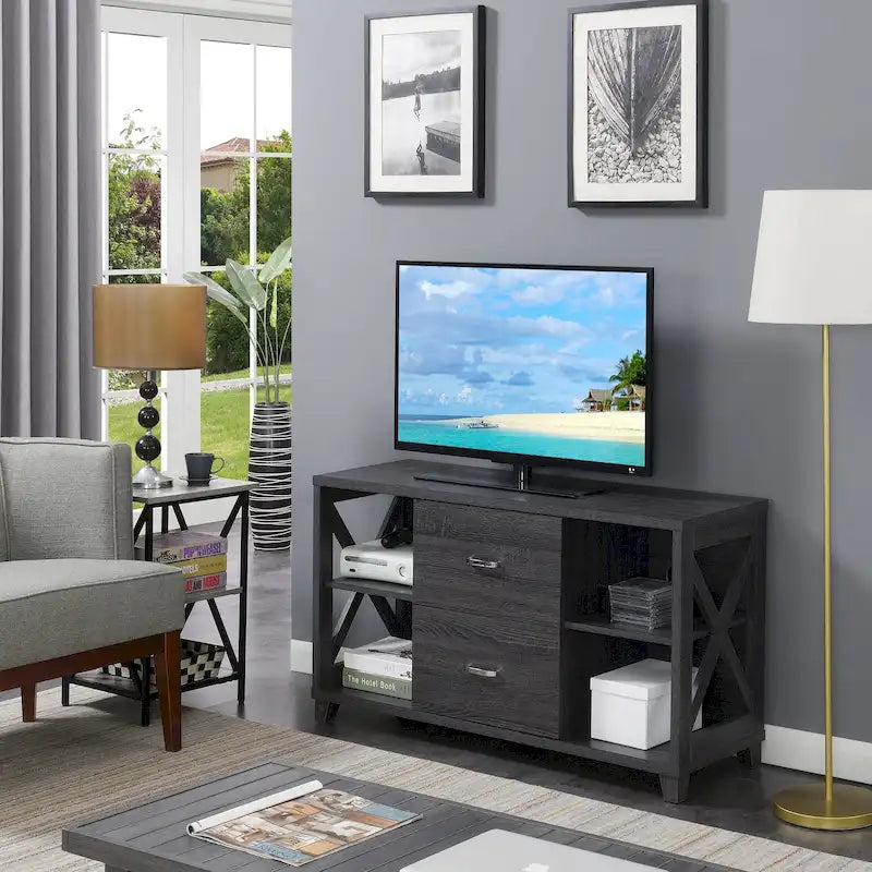 Meuble TV 2 tiroirs avec étagères – Design en X, convient aux TV jusqu'à 55 pouces
