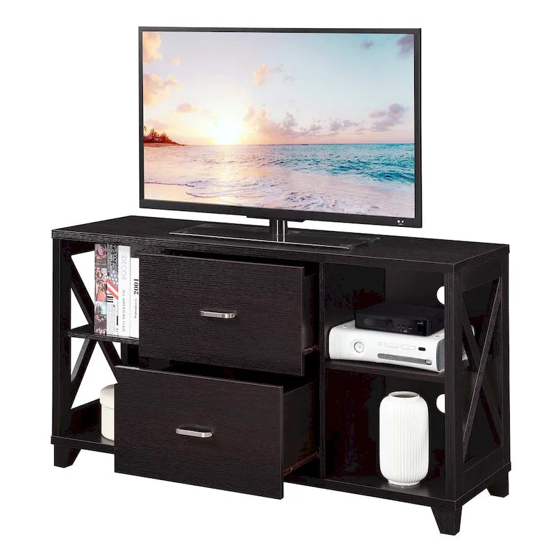Meuble TV 2 tiroirs avec étagères – Design en X, convient aux TV jusqu'à 55 pouces