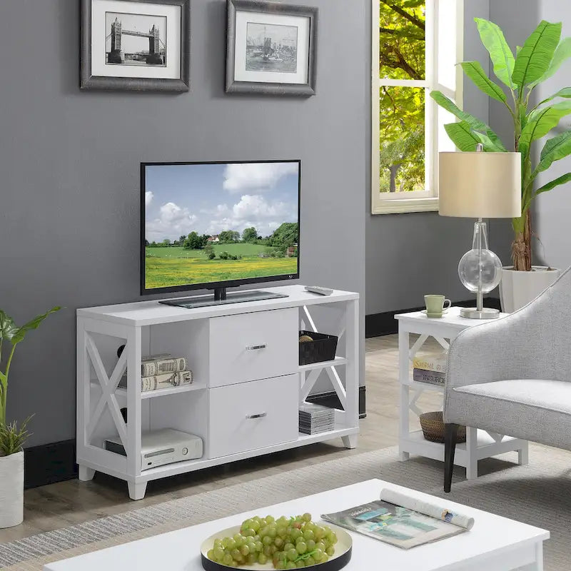 Meuble TV 2 tiroirs avec étagères – Design en X, convient aux TV jusqu'à 55 pouces