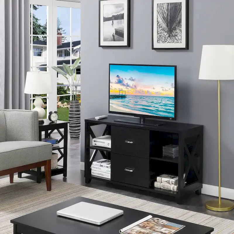 Meuble TV 2 tiroirs avec étagères – Design en X, convient aux TV jusqu'à 55 pouces