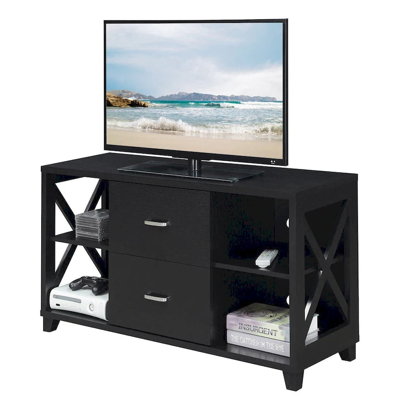 Meuble TV 2 tiroirs avec étagères – Design en X, convient aux TV jusqu'à 55 pouces