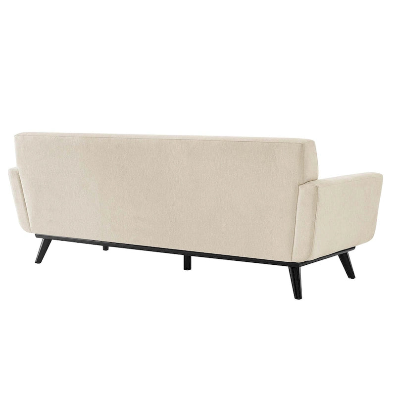 Canapé en tissu chevrons – Boutons touffetés, coussins moelleux, pieds en bois noir