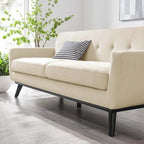 Canapé en tissu chevrons – Boutons touffetés, coussins moelleux, pieds en bois noir