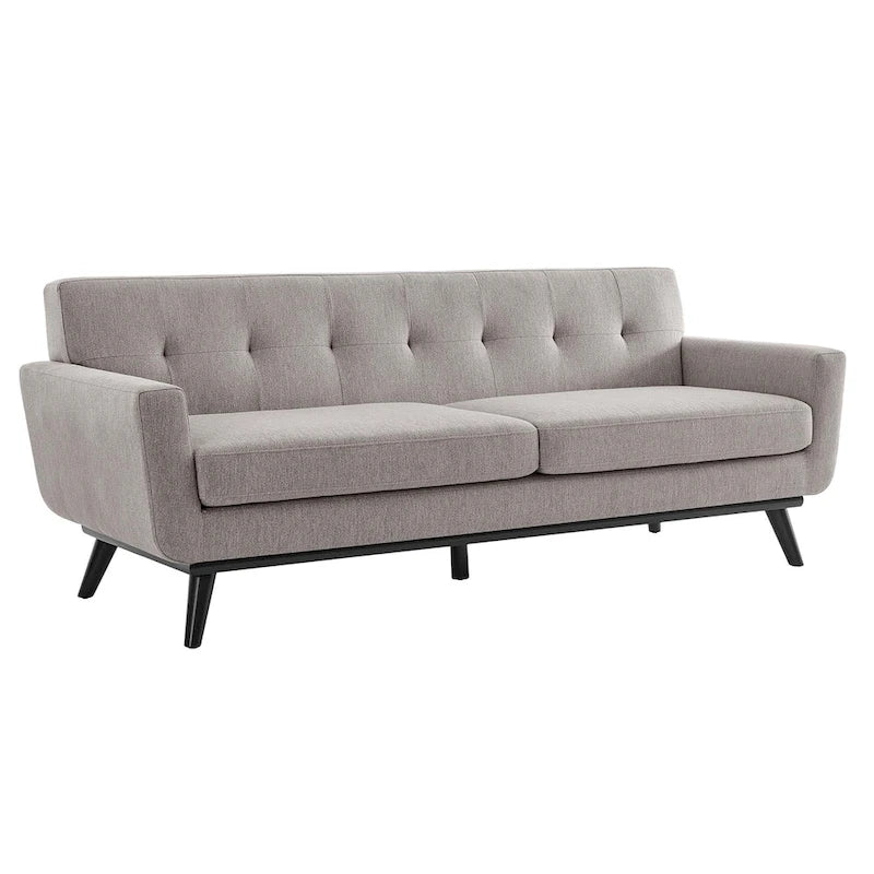 Canapé en tissu chevrons – Boutons touffetés, coussins moelleux, pieds en bois noir