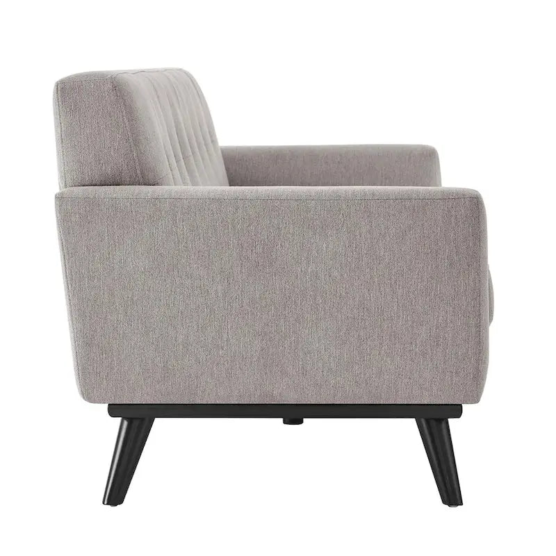 Canapé en tissu chevrons – Boutons touffetés, coussins moelleux, pieds en bois noir
