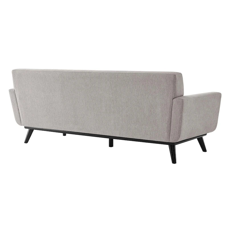 Canapé en tissu chevrons – Boutons touffetés, coussins moelleux, pieds en bois noir