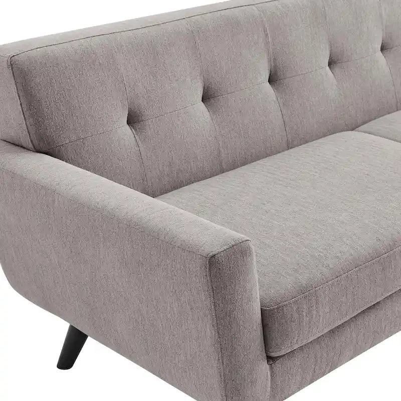 Canapé en tissu chevrons – Boutons touffetés, coussins moelleux, pieds en bois noir