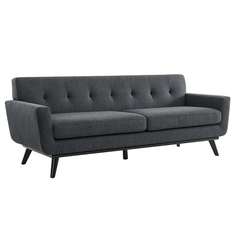 Canapé en tissu chevrons – Boutons touffetés, coussins moelleux, pieds en bois noir