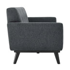 Canapé en tissu chevrons – Boutons touffetés, coussins moelleux, pieds en bois noir