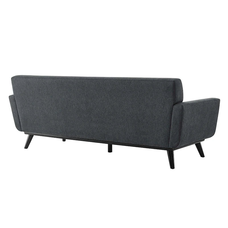 Canapé en tissu chevrons – Boutons touffetés, coussins moelleux, pieds en bois noir