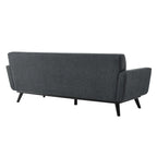 Canapé en tissu chevrons – Boutons touffetés, coussins moelleux, pieds en bois noir