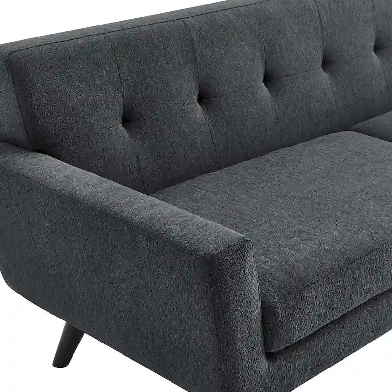 Canapé en tissu chevrons – Boutons touffetés, coussins moelleux, pieds en bois noir