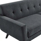 Canapé en tissu chevrons – Boutons touffetés, coussins moelleux, pieds en bois noir