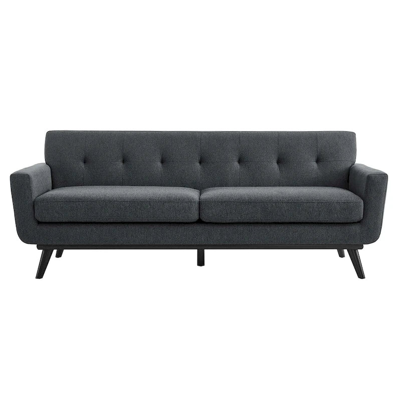 Canapé en tissu chevrons – Boutons touffetés, coussins moelleux, pieds en bois noir