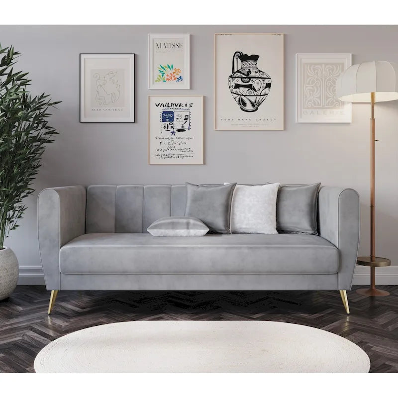 Canapé 3 places en velours à accoudoirs évasés avec 4 coussins décoratifs – Salon moderne
