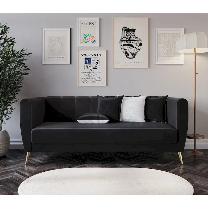 Canapé 3 places en velours à accoudoirs évasés avec 4 coussins décoratifs – Salon moderne