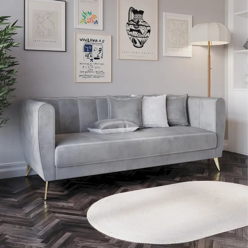 Canapé 3 places en velours à accoudoirs évasés avec 4 coussins décoratifs – Salon moderne