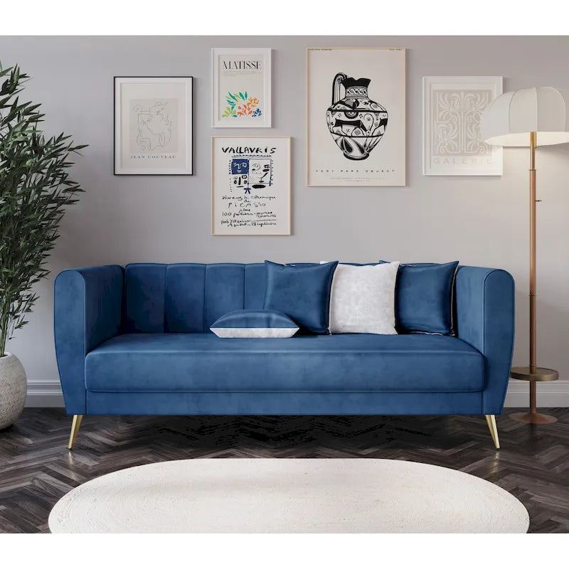 Canapé 3 places en velours à accoudoirs évasés avec 4 coussins décoratifs – Salon moderne