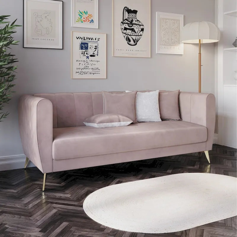 Canapé 3 places en velours à accoudoirs évasés avec 4 coussins décoratifs – Salon moderne