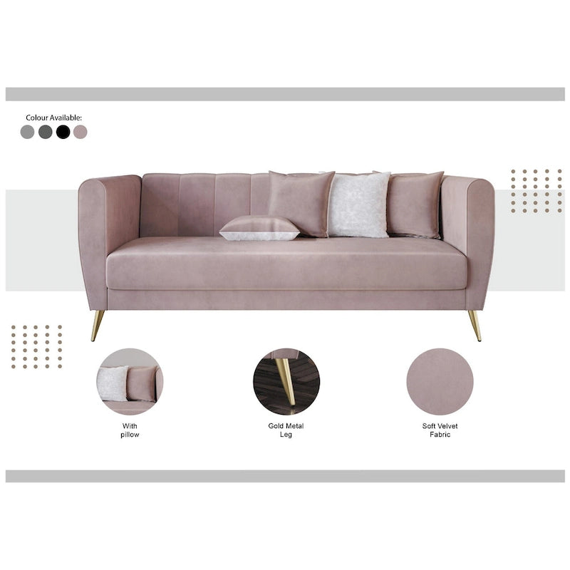Canapé 3 places en velours à accoudoirs évasés avec 4 coussins décoratifs – Salon moderne