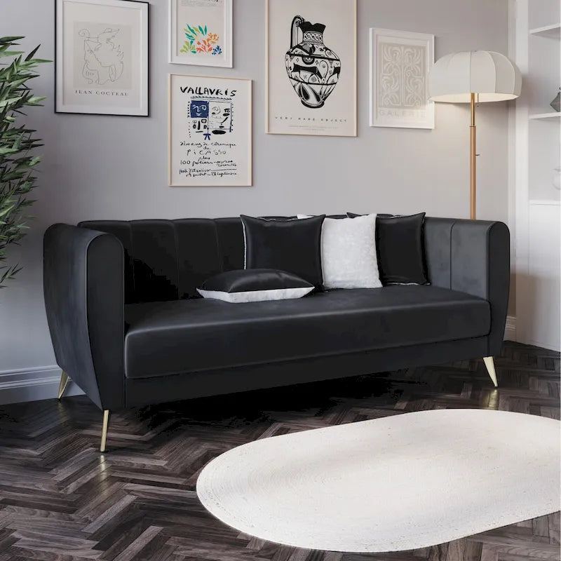 Canapé 3 places en velours à accoudoirs évasés avec 4 coussins décoratifs – Salon moderne
