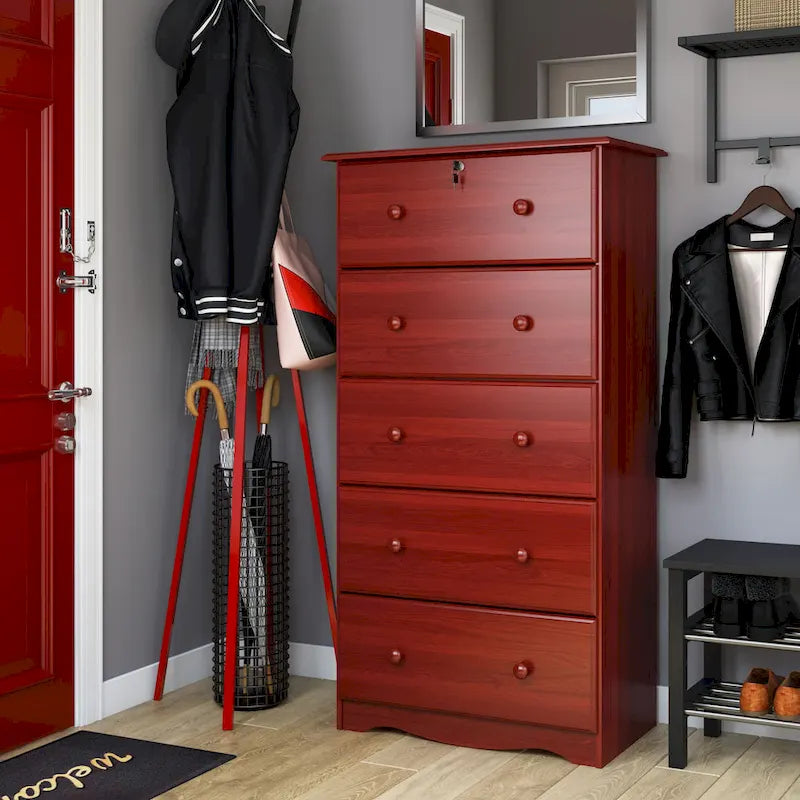 Commode 5 tiroirs Jumbo 100 % bois massif avec serrure – Poignées en métal ou en bois