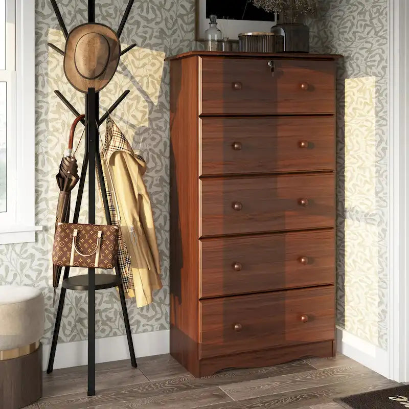 Commode 5 tiroirs Jumbo 100 % bois massif avec serrure – Poignées en métal ou en bois