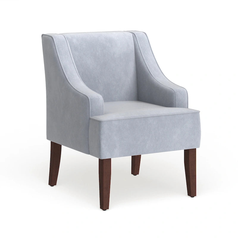 Fauteuil d'appoint en velours gris tourterelle avec accoudoirs incurvés – Pieds en bois rustique, hauteur d'assise 49,5 cm