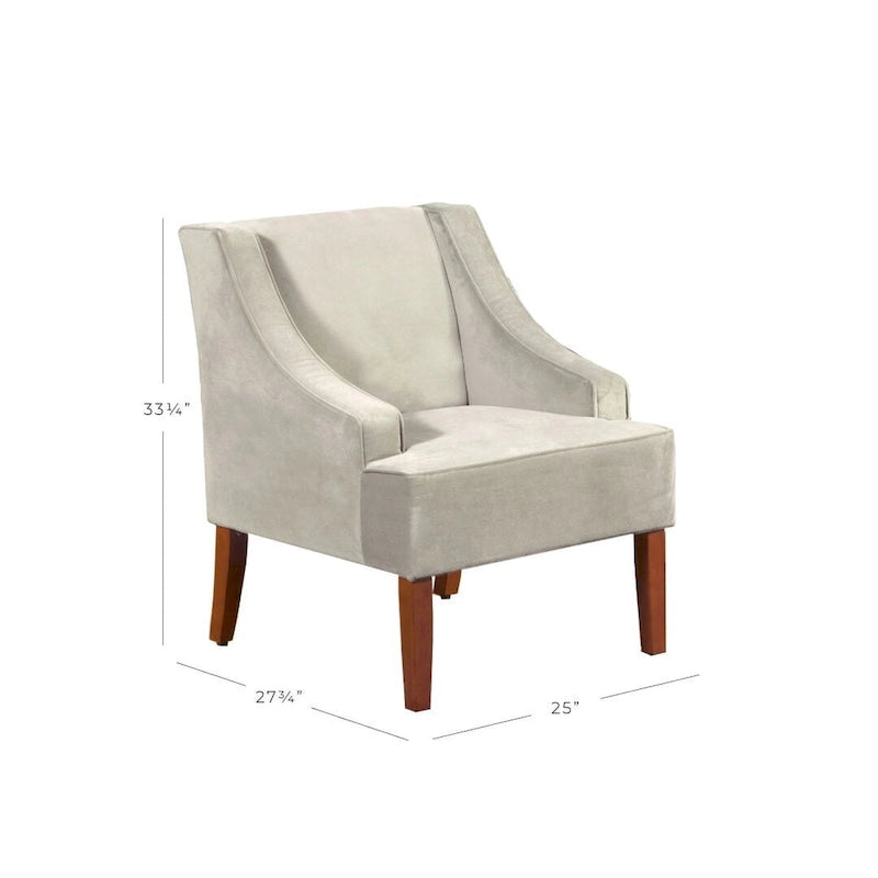 Fauteuil d'appoint en velours gris tourterelle avec accoudoirs incurvés – Pieds en bois rustique, hauteur d'assise 49,5 cm
