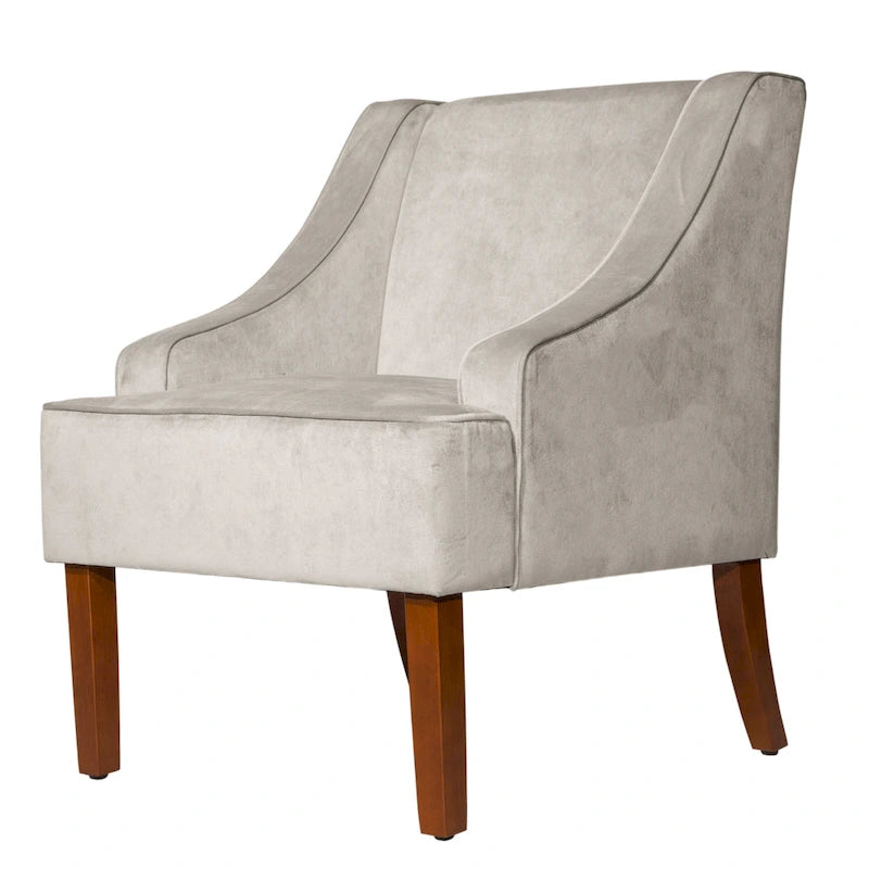 Fauteuil d'appoint en velours gris tourterelle avec accoudoirs incurvés – Pieds en bois rustique, hauteur d'assise 49,5 cm