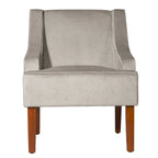 Fauteuil d'appoint en velours gris tourterelle avec accoudoirs incurvés – Pieds en bois rustique, hauteur d'assise 49,5 cm