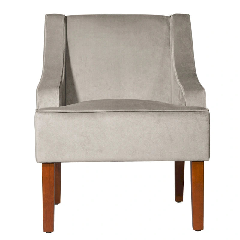 Fauteuil d'appoint en velours gris tourterelle avec accoudoirs incurvés – Pieds en bois rustique, hauteur d'assise 49,5 cm