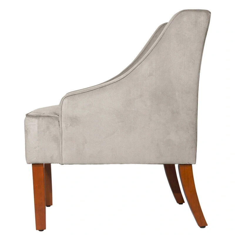Fauteuil d'appoint en velours gris tourterelle avec accoudoirs incurvés – Pieds en bois rustique, hauteur d'assise 49,5 cm