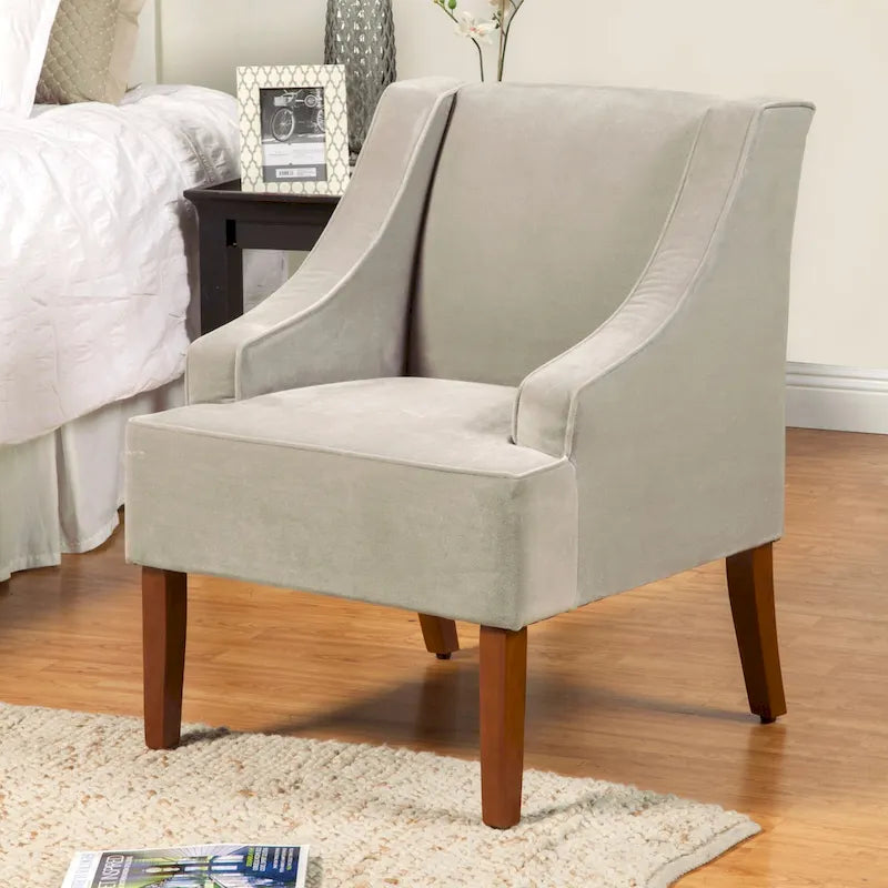 Fauteuil d'appoint en velours gris tourterelle avec accoudoirs incurvés – Pieds en bois rustique, hauteur d'assise 49,5 cm